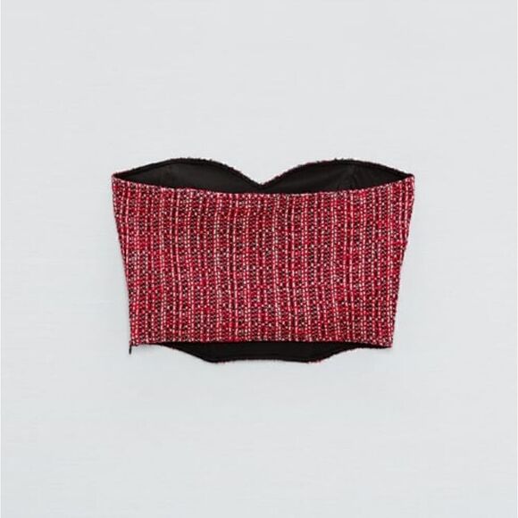 NWT Zara Textured Tweed Corset Strapless Top Size small tweed dark red burgundy - Picture 5 of 10